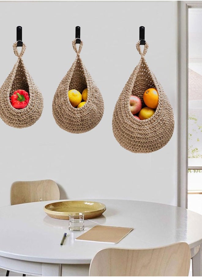 وهاواي 3 Pack Hanging Fruit Baskets for Kitchen, Boho Wall Hanging Fruit Baskets with 3 Hooks, Handwoven Hanging Holder Teardrop Home Produce Basket for Fruits Vegetable Potato Onion Storage Brown  - Image 5