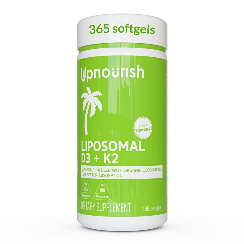 UpNourish Liposomal D3 K2 MK7 Advanced Absorption for Optimal Bone and Immune Health Supplies 5000 IU 125 mcg Vitamin D3 and 100 mcg Vitamin k2 with Organic Coconut Oil 365 Mini softgels