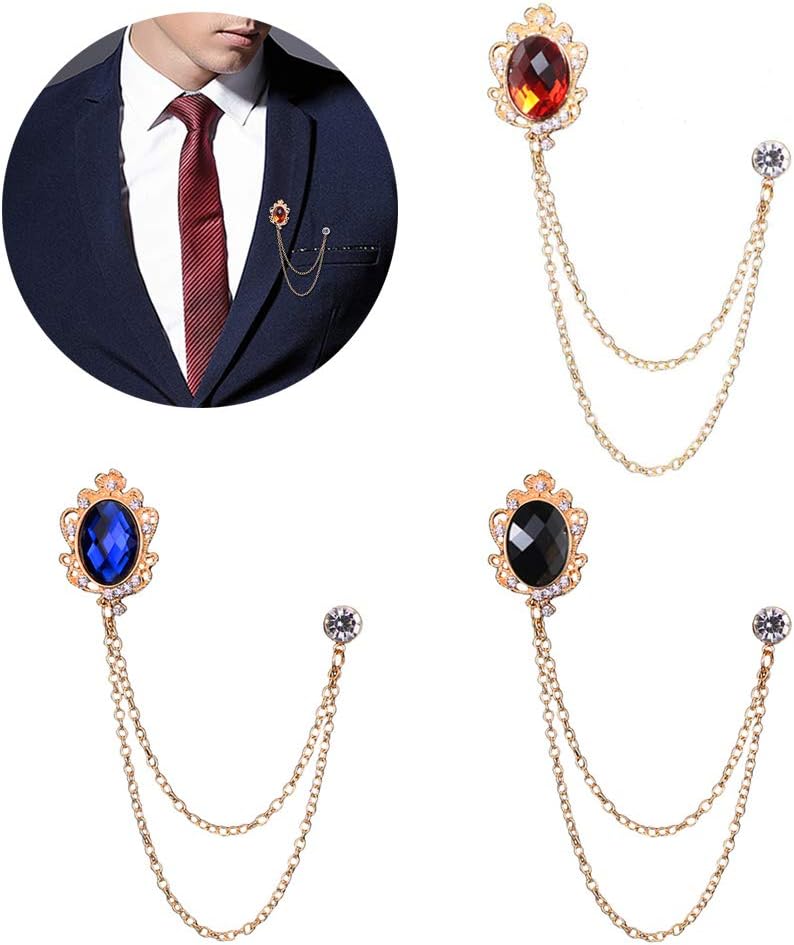 Huture 3 Packs Men's Gem Brooch Lapel Pin Badge Hanging Chains Collar Brooches Pin for Career Suit Tuxedo of Shirts Tie Hat Scarf for Boyfriend Father Birthday Holiday Gift Black/Red/Blue - Image 1
