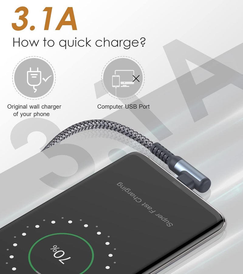 sweguard USB Type C Cable Right Angle [1-Pack,3M]-Nylon Braided Fast Charging USB C For iPhone 17 16 15 Pro Max,Samsung Galaxy S25 S24 S23 S22 S21 S20 S10 A53, Note Flip Pixel LG More USB C Device - Image 3