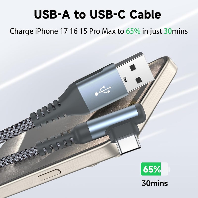 sweguard USB Type C Cable Right Angle [1-Pack,3M]-Nylon Braided Fast Charging USB C For iPhone 17 16 15 Pro Max,Samsung Galaxy S25 S24 S23 S22 S21 S20 S10 A53, Note Flip Pixel LG More USB C Device - Image 2