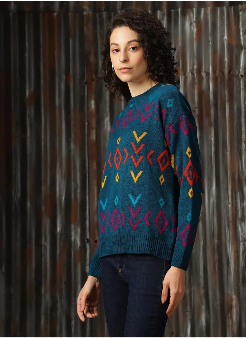 هاي ستار Women's Teal 100% Acrylic Solid Regular Fit Sweater