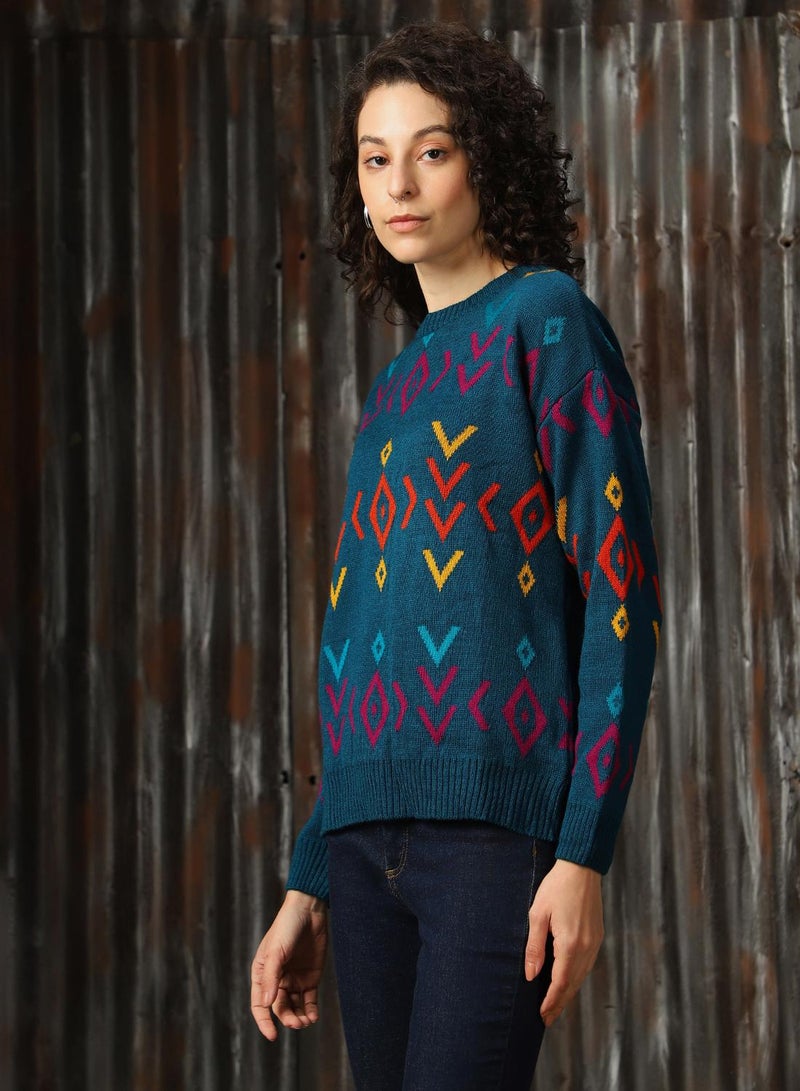 HIGH STAR Women's Teal 100% Acrylic Solid Regular Fit Sweater - Image 2