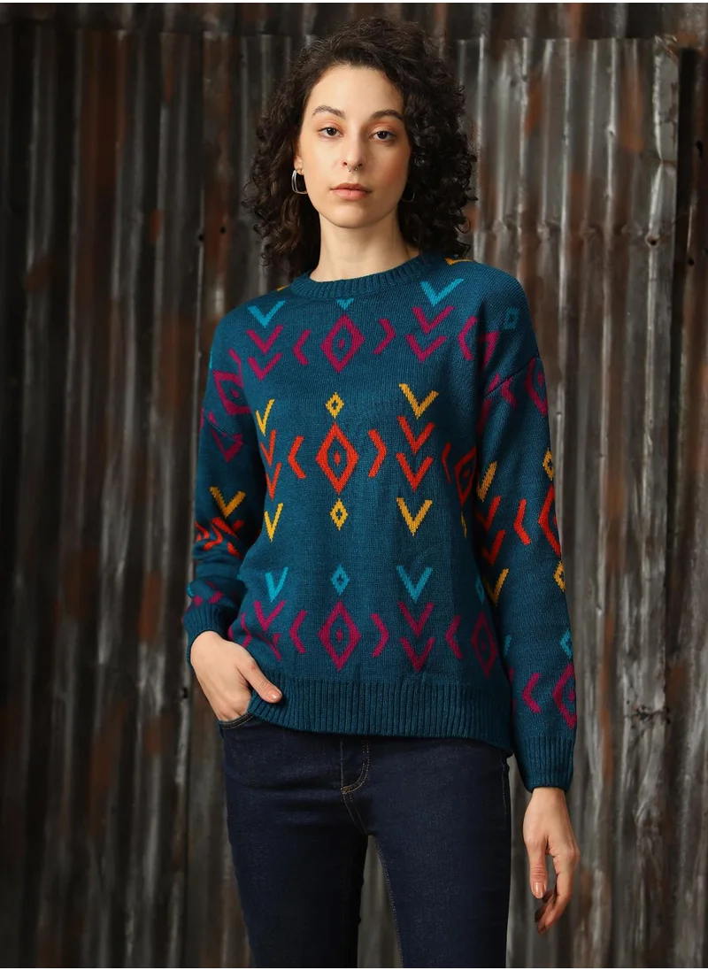 هاي ستار Women's Teal 100% Acrylic Solid Regular Fit Sweater