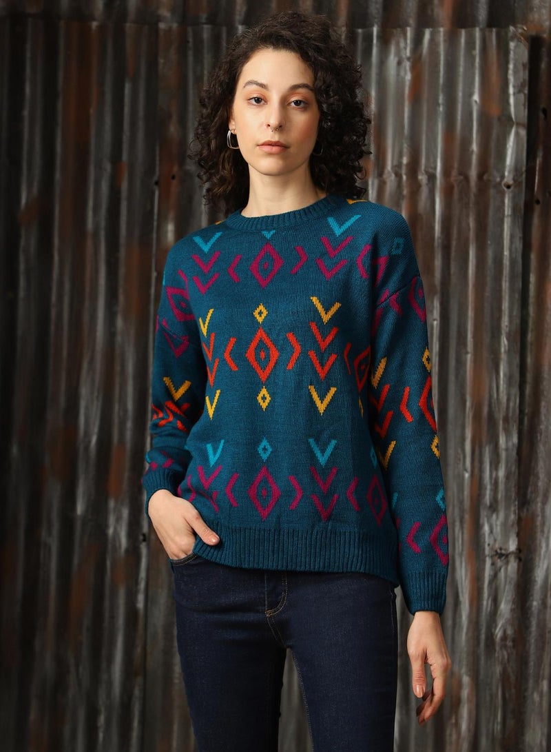 HIGH STAR Women's Teal 100% Acrylic Solid Regular Fit Sweater - Image 1