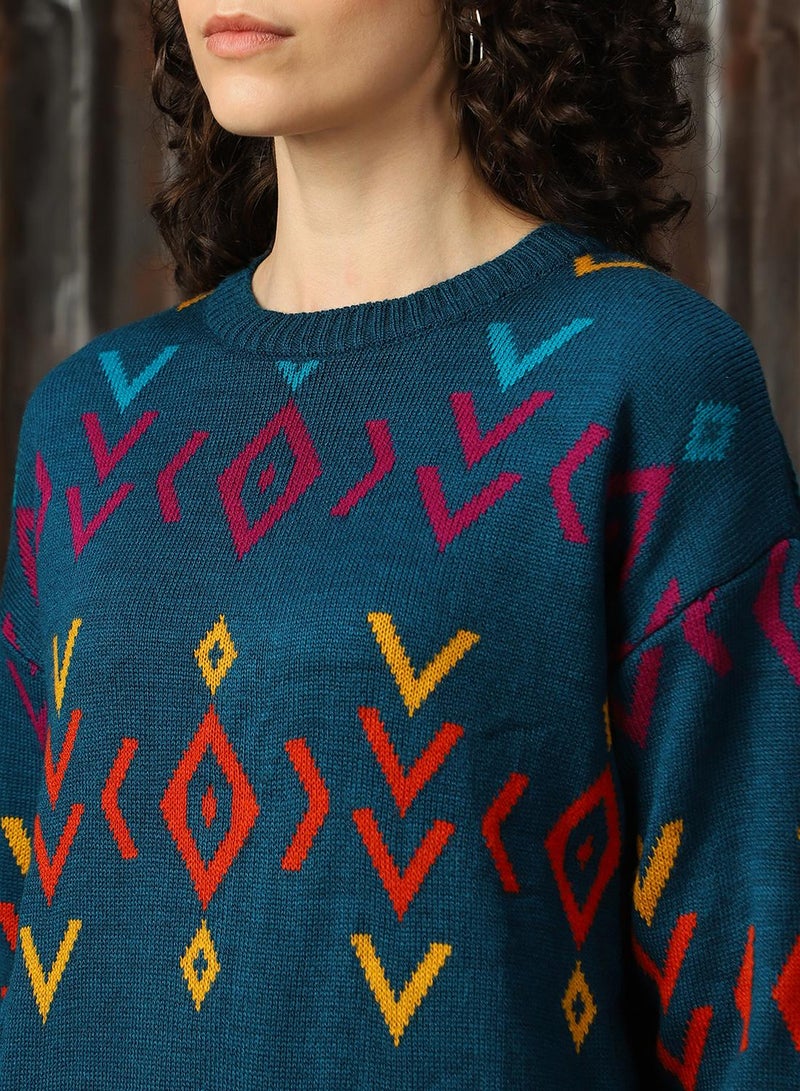 HIGH STAR Women's Teal 100% Acrylic Solid Regular Fit Sweater - Image 5
