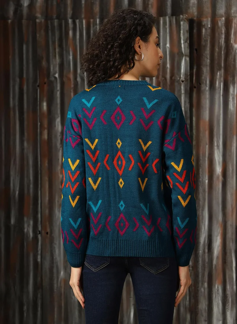 HIGH STAR Women's Teal 100% Acrylic Solid Regular Fit Sweater