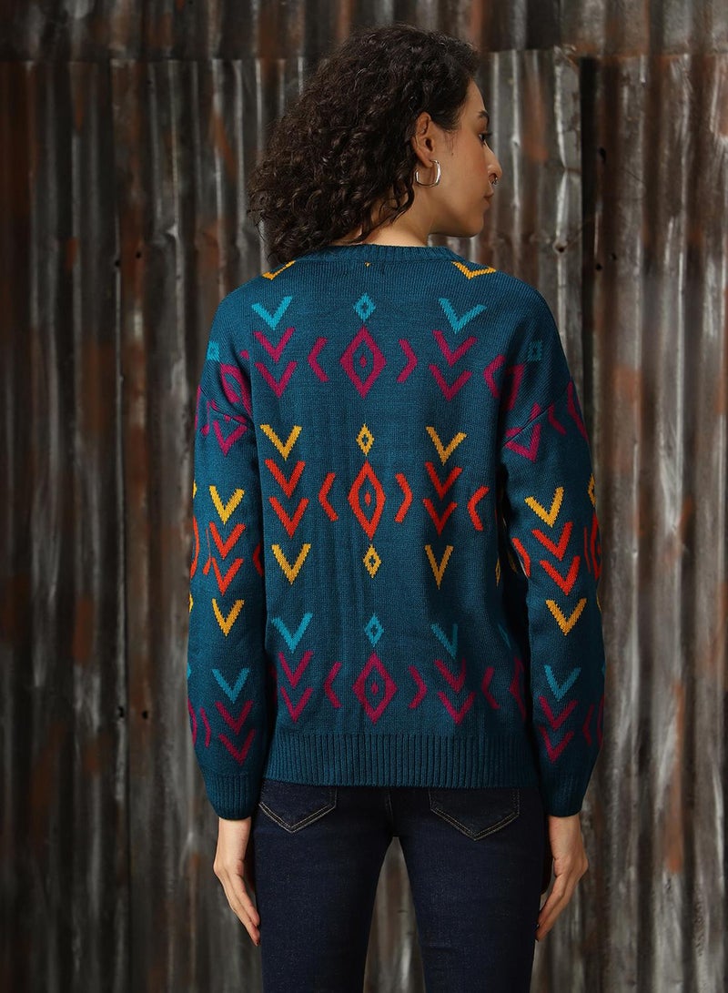 HIGH STAR Women's Teal 100% Acrylic Solid Regular Fit Sweater - Image 3