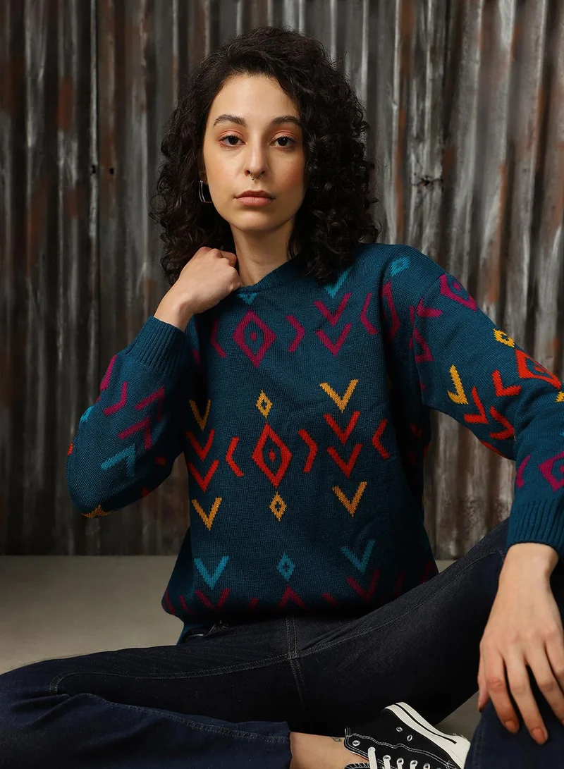 HIGH STAR Women's Teal 100% Acrylic Solid Regular Fit Sweater