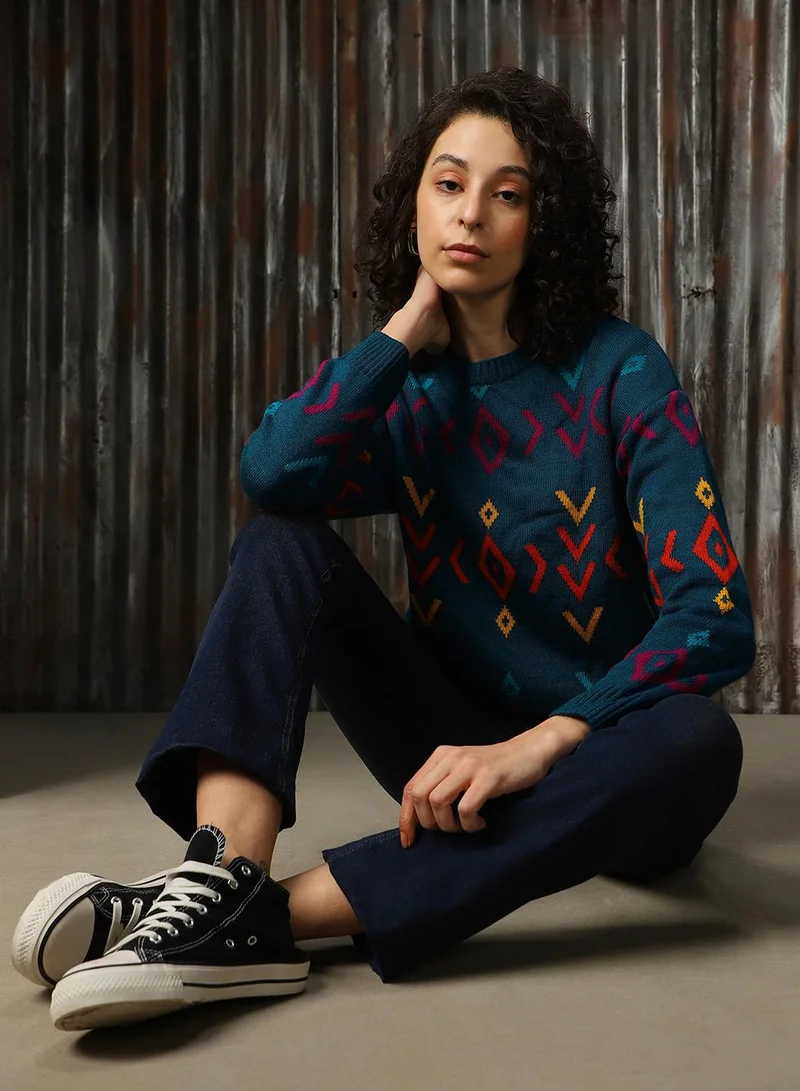 HIGH STAR Women's Teal 100% Acrylic Solid Regular Fit Sweater