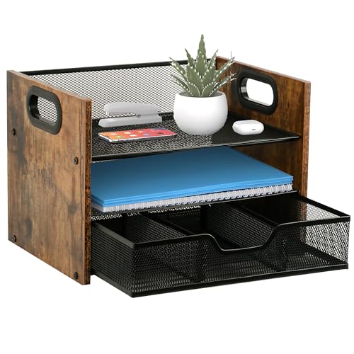 Boershun Wood Desk Organizer 3Tier Desktop File Organizer with Drawer Wooden Paper Tray Office Desk Organzier and Accessories for Papers Mail Notebooks Stationery - Image 1