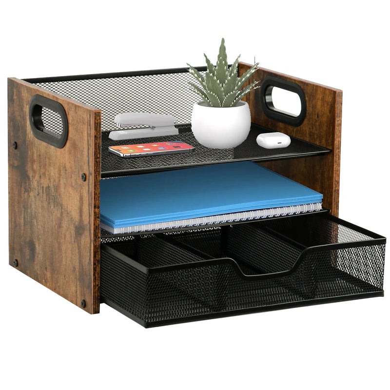 Boershun Wood Desk Organizer 3Tier Desktop File Organizer with Drawer Wooden Paper Tray Office Desk Organzier and Accessories for Papers Mail Notebooks Stationery - Image 2