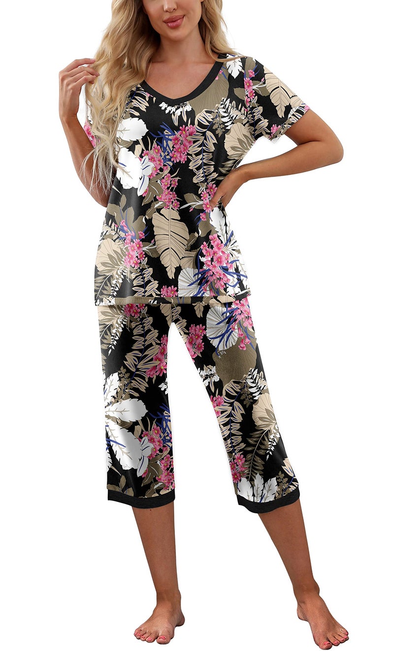 PrinStory Women's Pajama Set Short Sleeve Shirt and Capri Pants Sleepwear Pjs Sets with Pockets FP-Big Leaf Pink-X-Large - Image 2