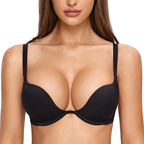 DOBREVA Women's Plunge Bra Deep V Sexy Underwire Low Cut Bras T Shirt Cleavage Lightly Padded Black 38AA - Image 1