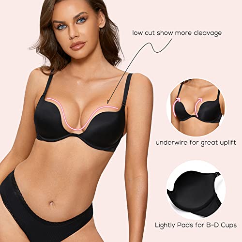 DOBREVA Women's Plunge Bra Deep V Sexy Underwire Low Cut Bras T Shirt Cleavage Lightly Padded Black 38AA - Image 3
