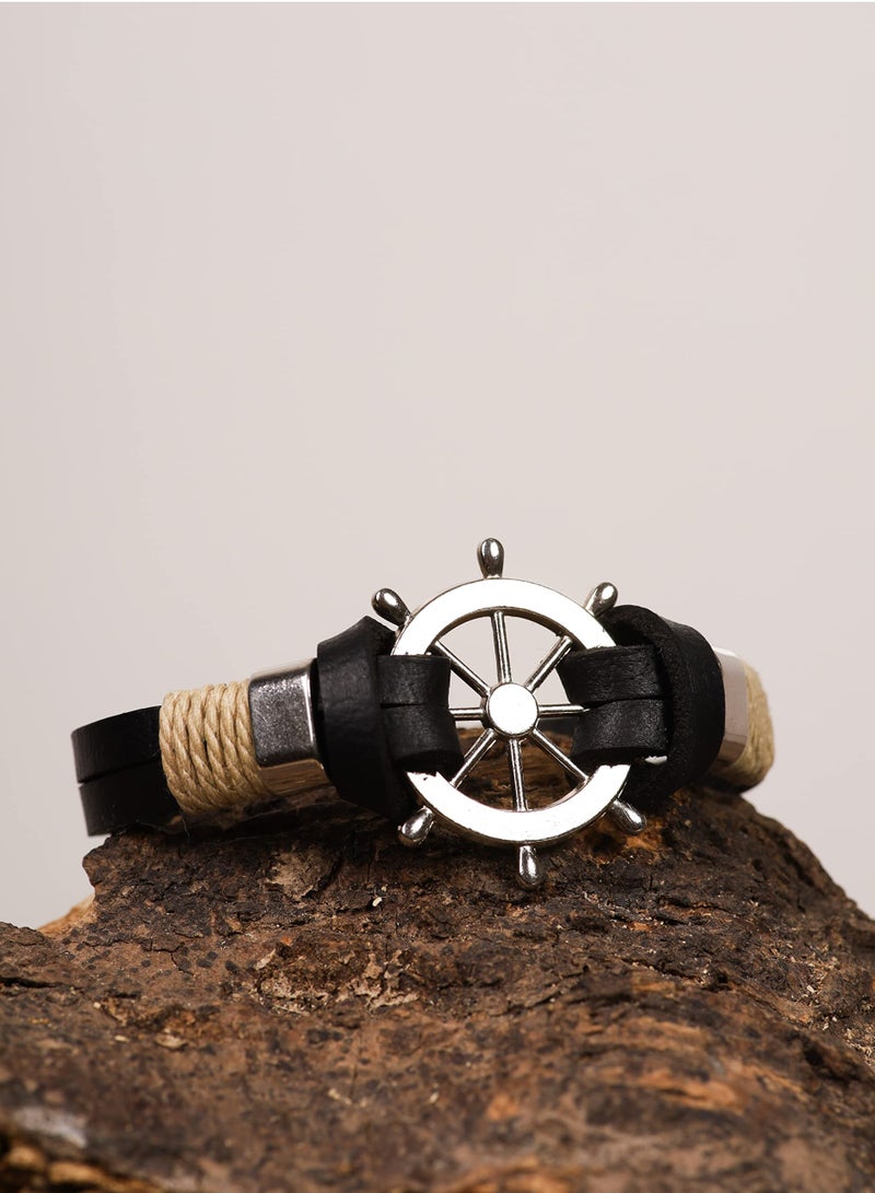 SYOSI Rudder Leather Bracelet, Multilayer Rope Wristband Nautical Style Bracelet Braided Rope Accessory Maritime-Inspired Jewelry Handmade Rudder Wristband Layered Leather Bracelet for Unisex - Image 3