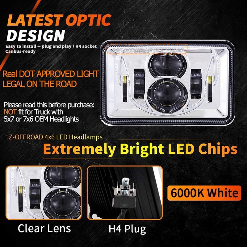 Z-OFFROAD 2pcs 60W 4x6 LED Headlights DOT Approved for Trucks - Chrome - Image 2