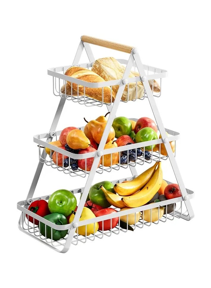 3-Tier Fruit Basket Rack, High Capacity Countertop Fruit Basket with Wood Handle, Detachable Fruit Storage Basket for Home Kitchen Bathroom Office, White - Image 1