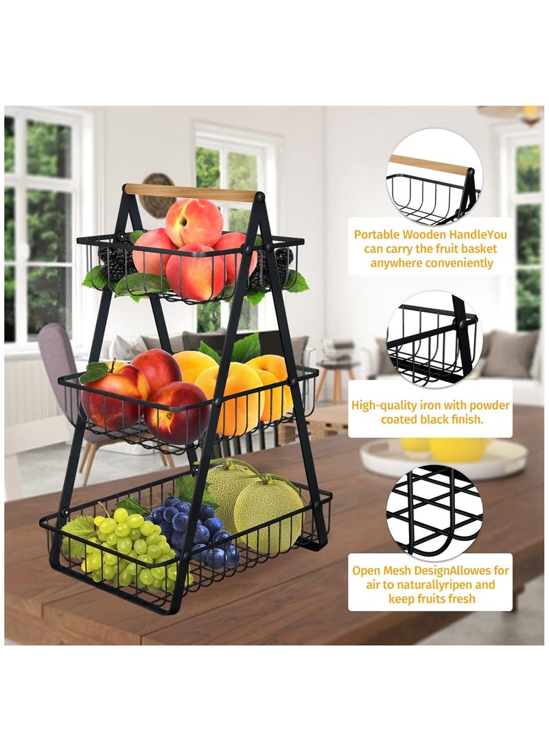 3-Tier Fruit Basket Rack, High Capacity Countertop Fruit Basket with Wood Handle, Detachable Fruit Storage Basket for Home Kitchen Bathroom Office, White - Image 2