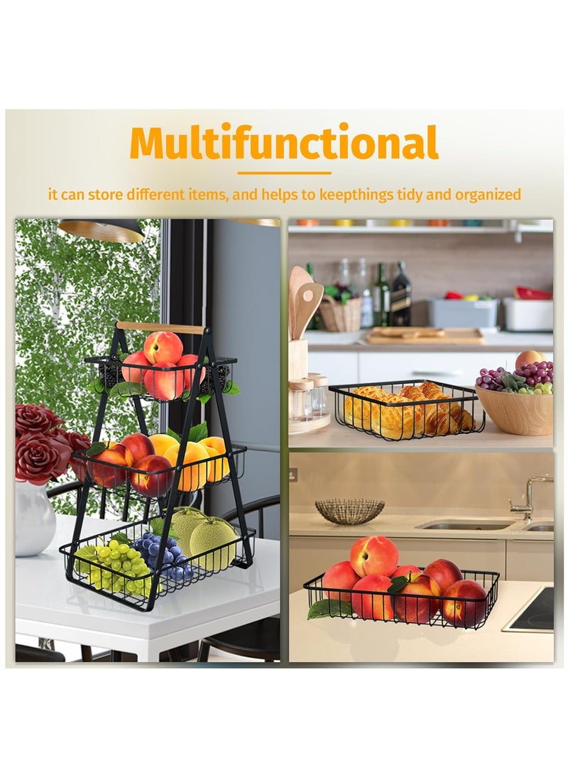 3-Tier Fruit Basket Rack, High Capacity Countertop Fruit Basket with Wood Handle, Detachable Fruit Storage Basket for Home Kitchen Bathroom Office, White - Image 3