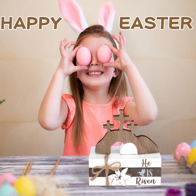 Ferraycle 4 Pcs Easter Table Decor He is Risen Wooden Sign Happy Easter Farmhouse Cross Wooden Block Decorative Book Tiered Tray Decor Religious Rustic Spring Decoration for Fireplace Living Room - Image 3