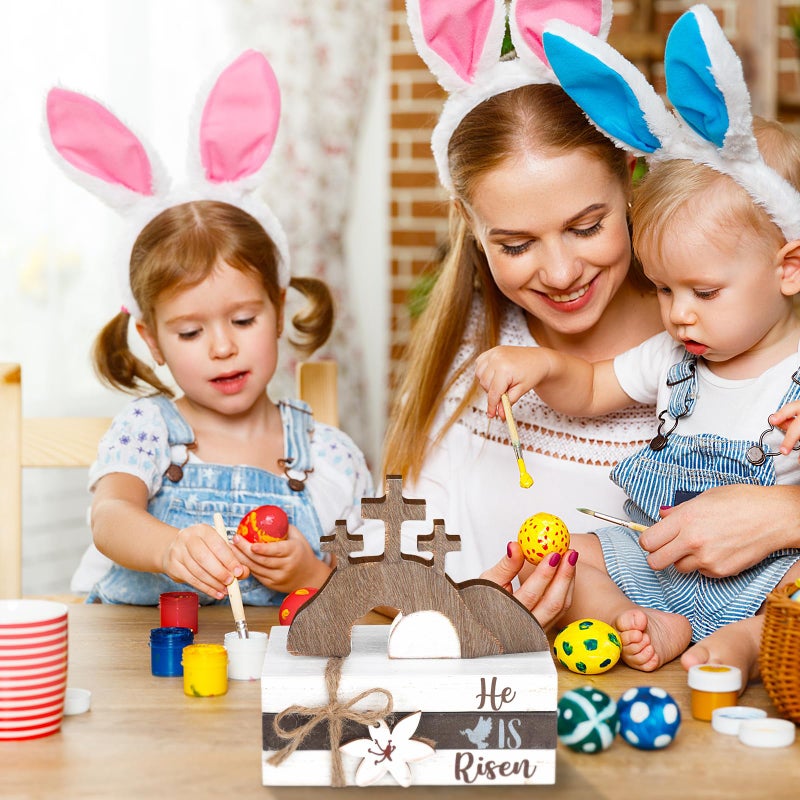 Ferraycle 4 Pcs Easter Table Decor He is Risen Wooden Sign Happy Easter Farmhouse Cross Wooden Block Decorative Book Tiered Tray Decor Religious Rustic Spring Decoration for Fireplace Living Room - Image 4