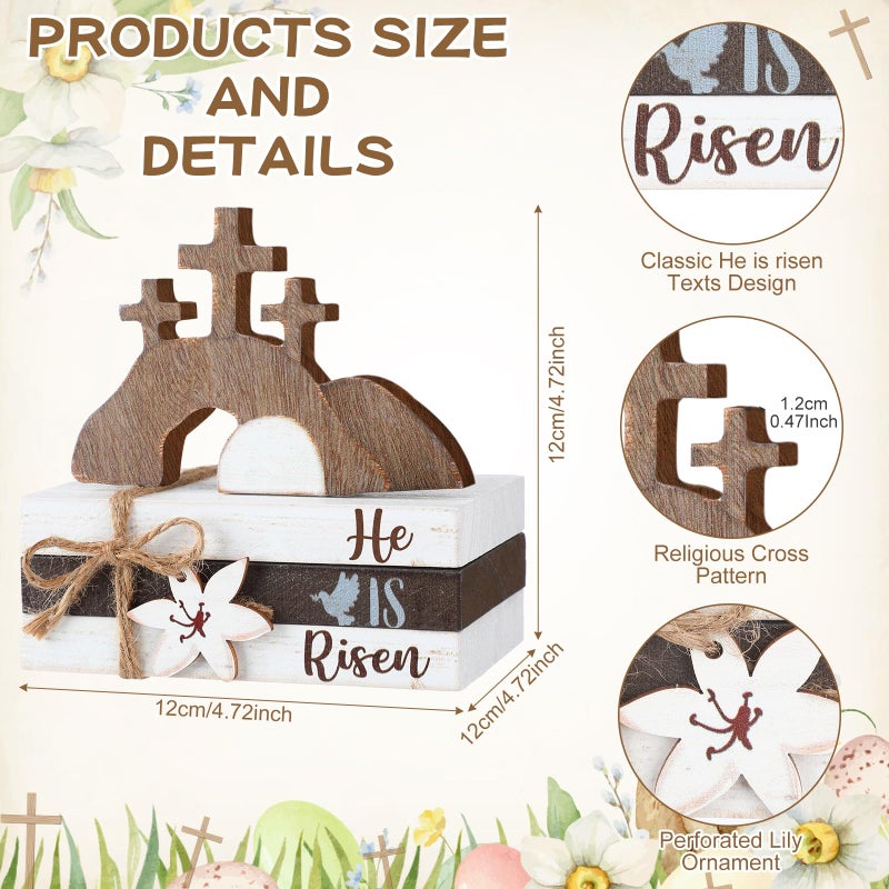 Ferraycle 4 Pcs Easter Table Decor He is Risen Wooden Sign Happy Easter Farmhouse Cross Wooden Block Decorative Book Tiered Tray Decor Religious Rustic Spring Decoration for Fireplace Living Room - Image 2