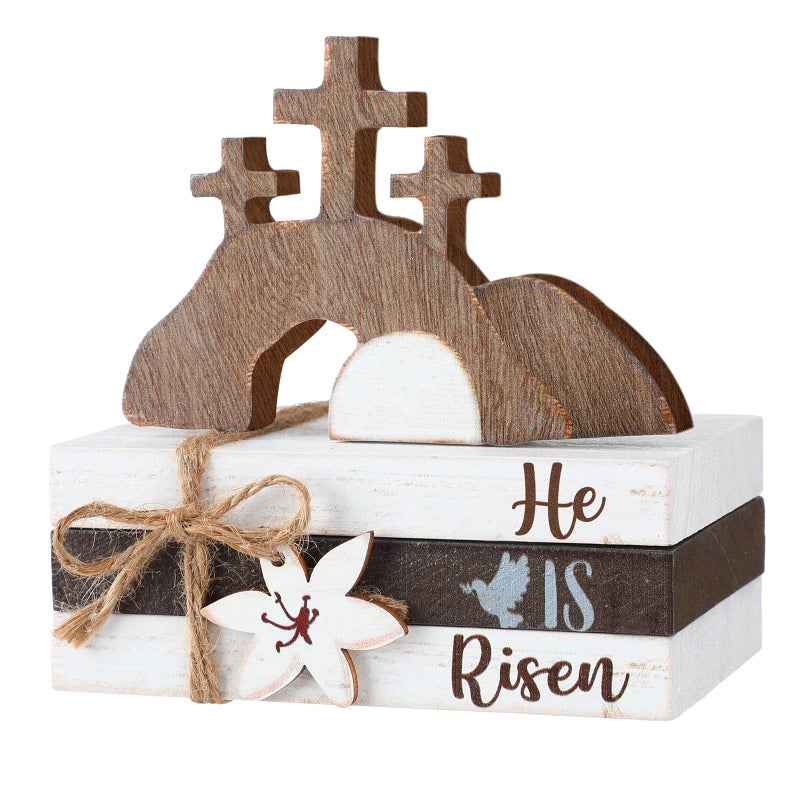 Ferraycle 4 Pcs Easter Table Decor He is Risen Wooden Sign Happy Easter Farmhouse Cross Wooden Block Decorative Book Tiered Tray Decor Religious Rustic Spring Decoration for Fireplace Living Room - Image 1