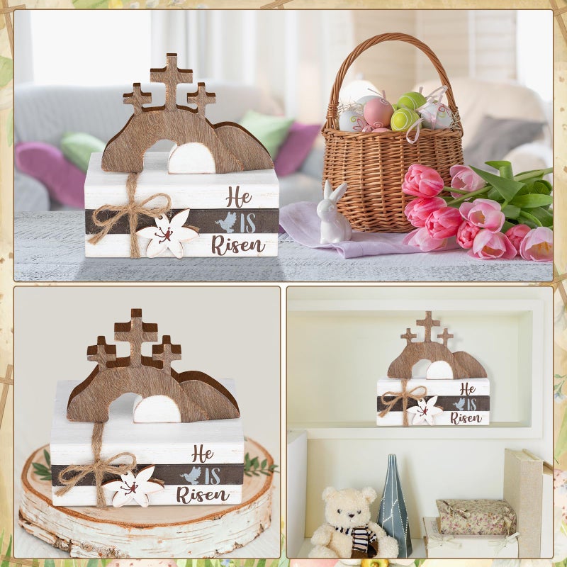 Ferraycle 4 Pcs Easter Table Decor He is Risen Wooden Sign Happy Easter Farmhouse Cross Wooden Block Decorative Book Tiered Tray Decor Religious Rustic Spring Decoration for Fireplace Living Room - Image 5