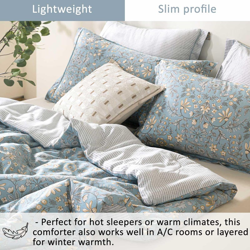 ALEISSEL Smoky Blue Botanical Cotton Comforter Queen Size - 3PC Lightweight Bedding Sets with Soft Fill, Luxurious Vintage-Inspired Floral Patterns, Light Gray Striped Reversible Design - Image 3