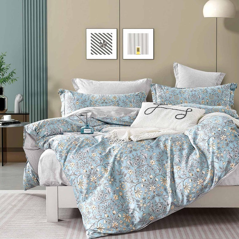 ALEISSEL Smoky Blue Botanical Cotton Comforter Queen Size - 3PC Lightweight Bedding Sets with Soft Fill, Luxurious Vintage-Inspired Floral Patterns, Light Gray Striped Reversible Design - Image 1
