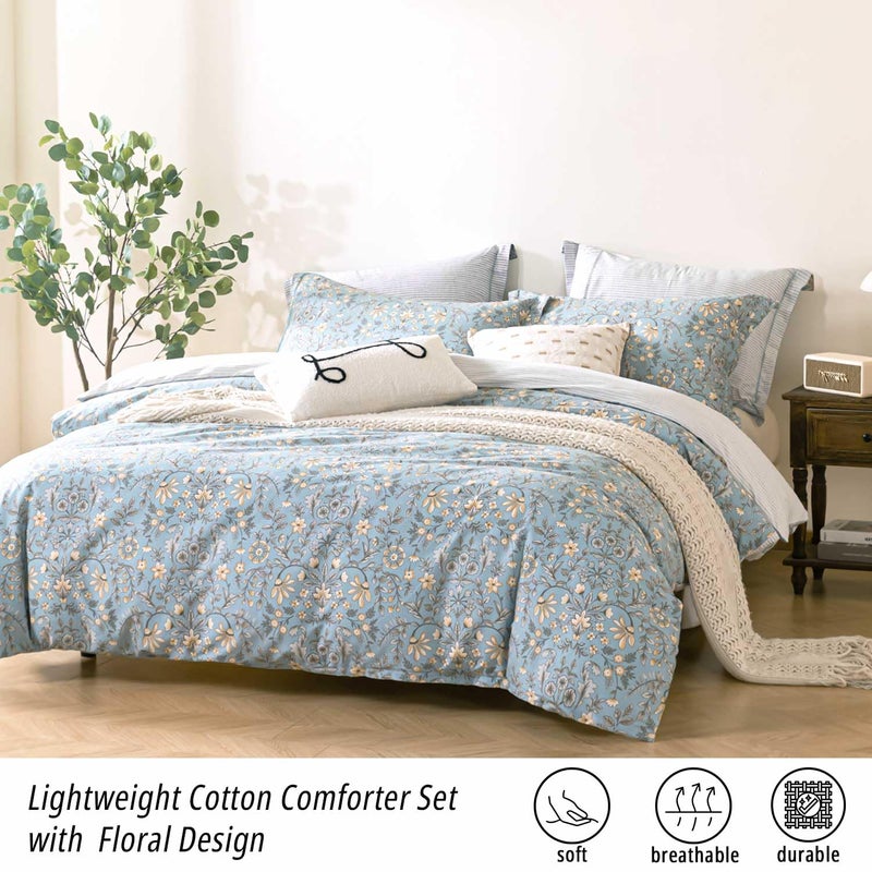 ALEISSEL Smoky Blue Botanical Cotton Comforter Queen Size - 3PC Lightweight Bedding Sets with Soft Fill, Luxurious Vintage-Inspired Floral Patterns, Light Gray Striped Reversible Design - Image 2