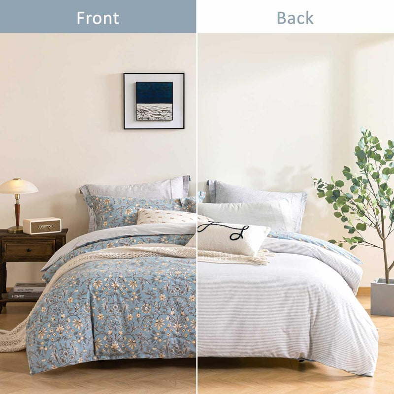 ALEISSEL Smoky Blue Botanical Cotton Comforter Queen Size - 3PC Lightweight Bedding Sets with Soft Fill, Luxurious Vintage-Inspired Floral Patterns, Light Gray Striped Reversible Design - Image 5