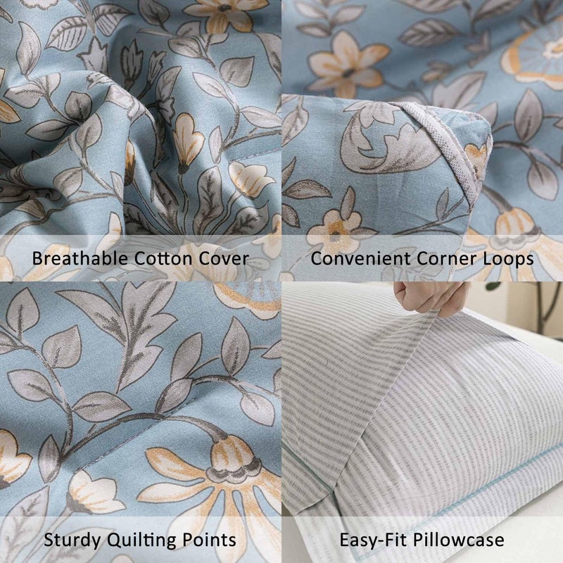 ALEISSEL Smoky Blue Botanical Cotton Comforter Queen Size - 3PC Lightweight Bedding Sets with Soft Fill, Luxurious Vintage-Inspired Floral Patterns, Light Gray Striped Reversible Design - Image 4
