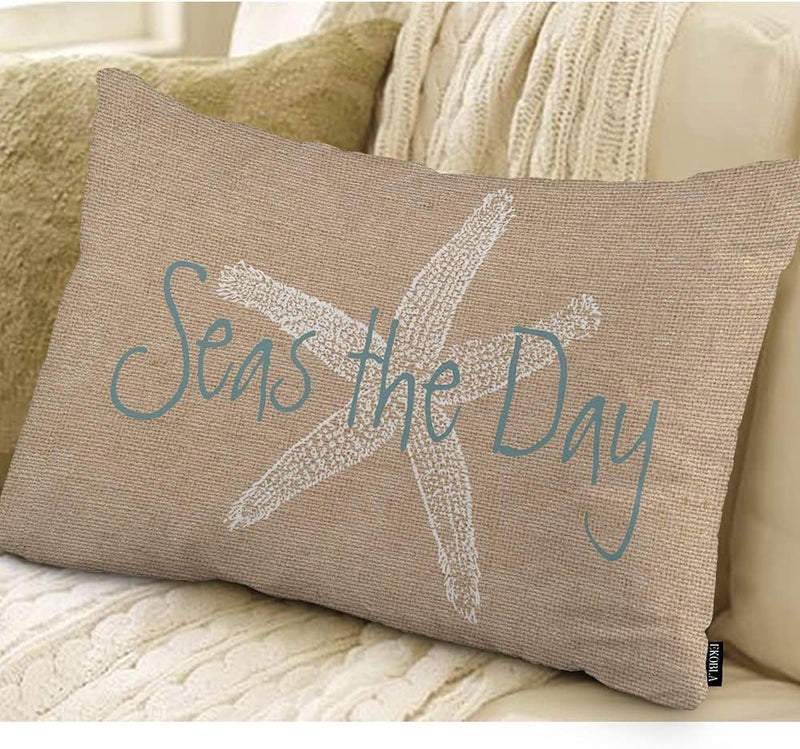 EKOBLA Square Throw Pillow Covers Beach Ocean Coastal Orange Black Blue Starfish Sea Life Animal Cotton Linen Cushion Case for Sofa Couch 12x20 Inches - Image 2