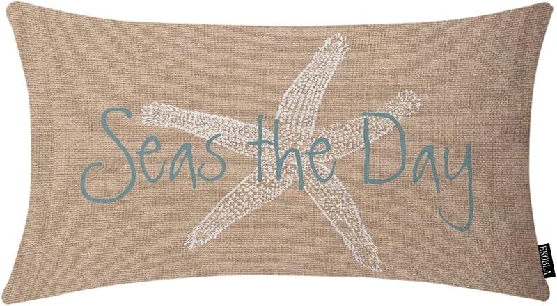 EKOBLA Square Throw Pillow Covers Beach Ocean Coastal Orange Black Blue Starfish Sea Life Animal Cotton Linen Cushion Case for Sofa Couch 12x20 Inches - Image 1