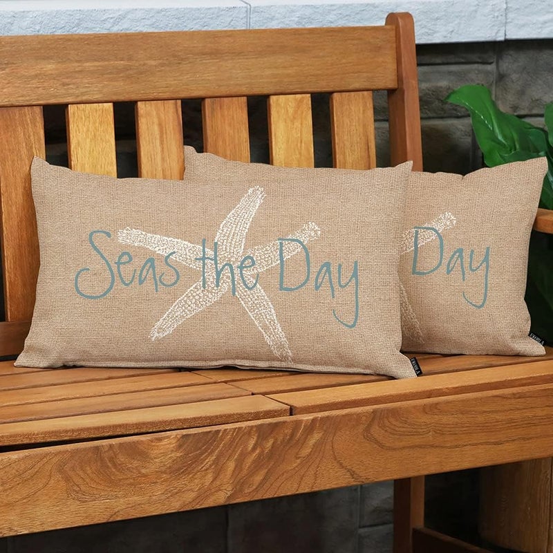 EKOBLA Square Throw Pillow Covers Beach Ocean Coastal Orange Black Blue Starfish Sea Life Animal Cotton Linen Cushion Case for Sofa Couch 12x20 Inches - Image 3