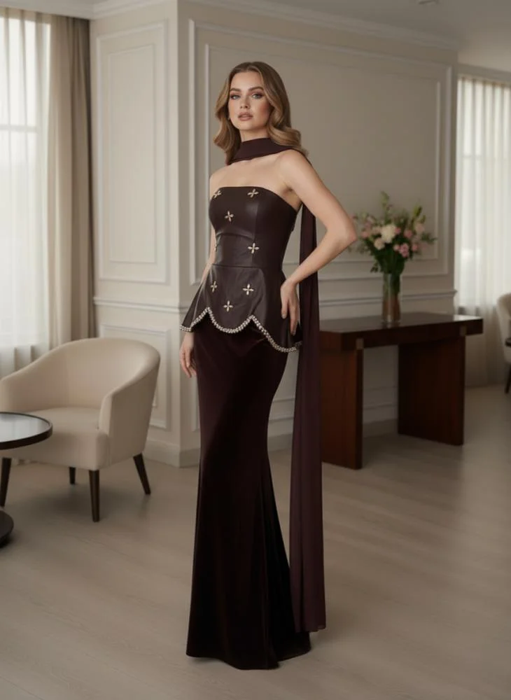 Opera Fashion Brown Velvet Evening Dress with Leather Touch and Luxe Shawl