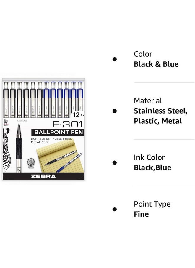 Zebra Pen F-301 - Fine Point Pen - Retractable Ballpoint Pen - Stainless Steel Barrel - 0.7Mm - 6 Black With 6 Blue Ink Zebra F-301 Pens (12-Pack)  - Image 2