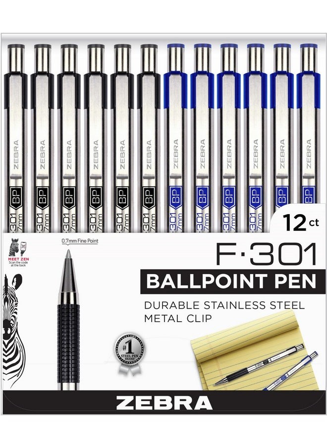 Zebra Pen F-301 - Fine Point Pen - Retractable Ballpoint Pen - Stainless Steel Barrel - 0.7Mm - 6 Black With 6 Blue Ink Zebra F-301 Pens (12-Pack)  - Image 1