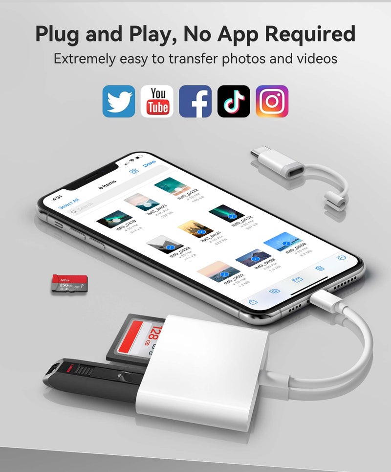 AkHolz SD Card Reader for iPhone iPad Built-in Lightening & USB-C Dual Connectors Card Adapter with SD MicroSD USB-A 3 Slots Trail Camera Memory Card Viewer, Portable No App Required Plug and Play - Image 3