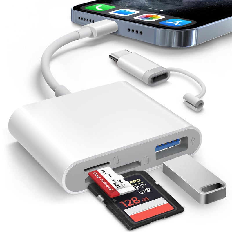 AkHolz SD Card Reader for iPhone iPad Built-in Lightening & USB-C Dual Connectors Card Adapter with SD MicroSD USB-A 3 Slots Trail Camera Memory Card Viewer, Portable No App Required Plug and Play - Image 1