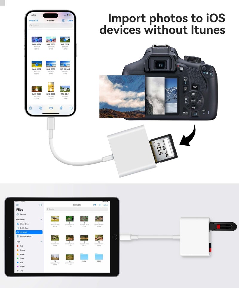 AkHolz SD Card Reader for iPhone iPad Built-in Lightening & USB-C Dual Connectors Card Adapter with SD MicroSD USB-A 3 Slots Trail Camera Memory Card Viewer, Portable No App Required Plug and Play - Image 4
