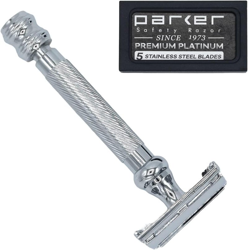 Parker Safety Razor 99R - Long Handle Heavyweight Butterfly Open with 5 Platinum Double Edge Blades - Image 3