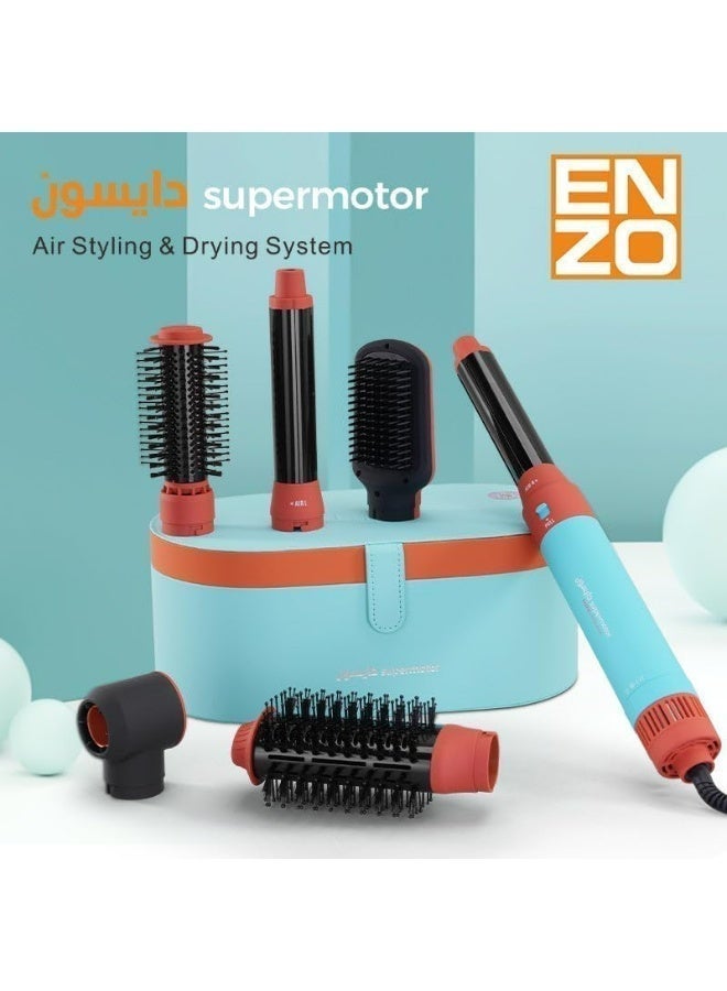 ENZO Professional فرشاة مجفف الشعر المتعددة ENZO Profesional EN-4133 6 في 1 – مجفف هواء ساخن أيوني، مكواة شعر، مكواة تجعيد وفرشاة لتكثيف الشعر – أزرق سماوي برتقالي - النسخة الدولية - Image 1