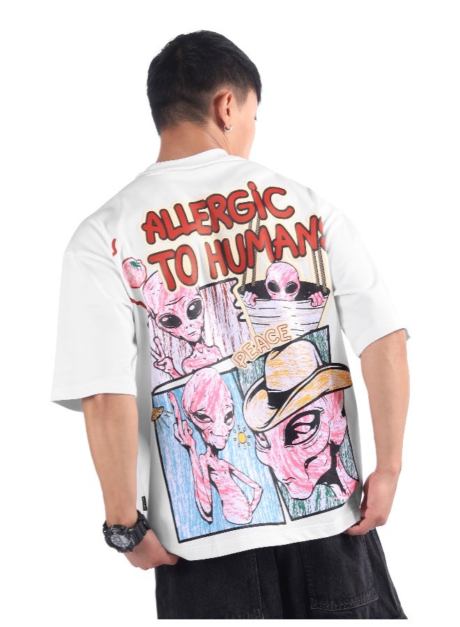 Beyoung White Allergic To Human Puff Printed Oversized T-Shirt - Image 3