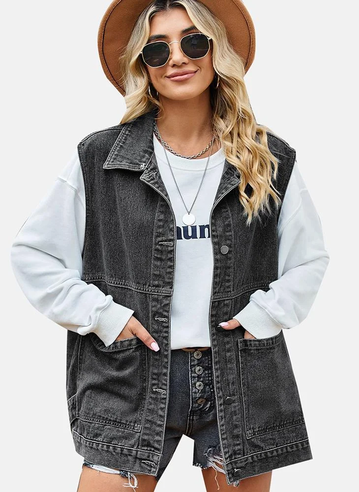 يونيكي Grey Plain Regular Fit Sleeveless Denim Jacket