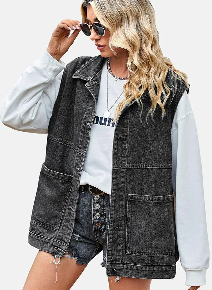 يونيكي Grey Plain Regular Fit Sleeveless Denim Jacket