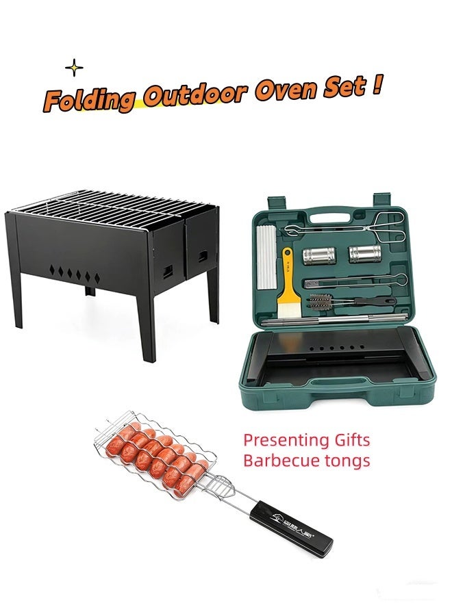 JCB CHIC مجموعة فرن خارجي قابل للطي محمول، مجموعة شواية شواء من الفولاذ المقاوم للصدأ للتخييم والنزهات، شواية شواء متعددة الوظائف للتنزه في الحديقة والتراس والتخييم والسفر - Image 1
