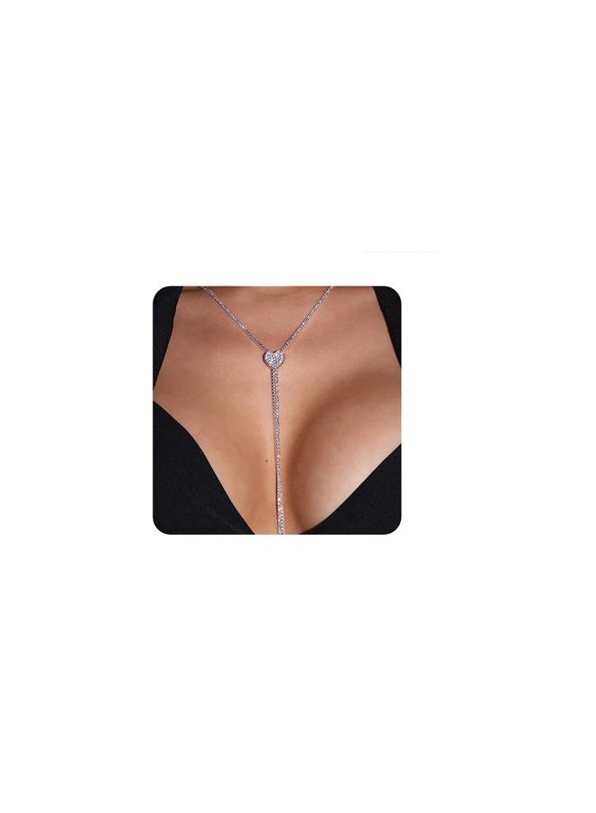 YERTTER Silver Sparkly Full Rhinestone Chain Choker Heart Tassel Necklace Long Love Collar Necklace Statement Choker Necklace for Party Music Bar Women (Silver 2) - Image 1
